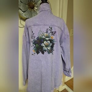 Lavender Oversized Denim Jacket with Floral Back Art